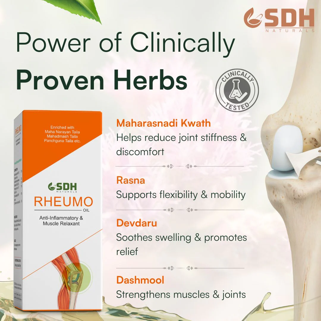 Rheumo Oil – Ayurvedic Joint & Muscle Pain Relief | Fast-Absorbing Herbal Formula for Stiffness, Swelling & Discomfort | Enriched with Narayan Tail, Gandhpuro Tail, Mahamash Tail, Panchgun Tail - Image 3
