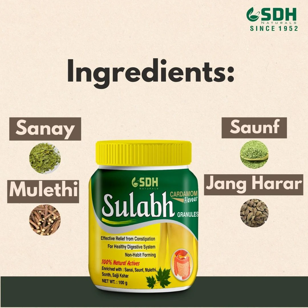 SDH Naturals Sulabh granules I 100% Ayurvedic Supplement for Constipation (Kabz) I Relieves acidity & gas. Non-habit-forming herbal formula, helps improve digestion, Churna Powder, safe and laxative. - Image 4